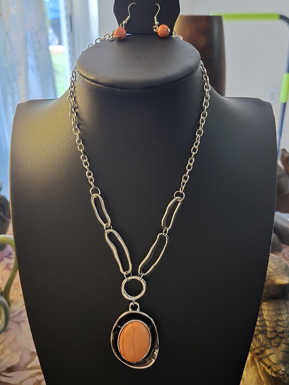 Silver Chain Necklace with Orange Pendant and Matching Earrings